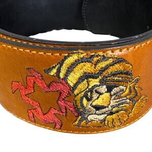 VTG Y2K Iceberg Belt Cognac Leather Embroidered Tigers Size 40 Streetwear Retro